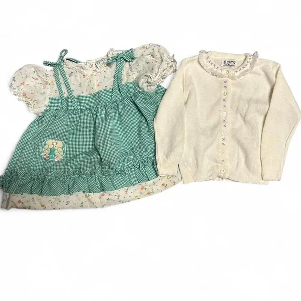 vintage baby girl 18m outfit gingham lovebird dress and 1960s white cardigan